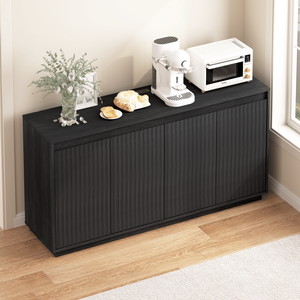 4-Door <b>Black</b> Wood <b>Sideboard</b> Buffet Cabinet with Power Outlet Wavy Vertical Texture Accent No Handle Design - Product Image 5