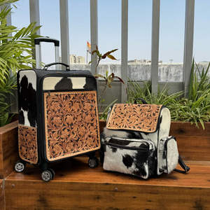 New Factory Wholesale Luxury Hand <b>Tooled</b> Cowhide <b>Leather</b> Wheel Trolley Suitcase & Hand <b>Tooled</b> <b>Leather</b> Diaper Backpack 2 Pcs Sets - Product Image 5