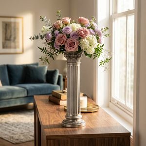 Vase colonne dorique artisanal de 30 cm en métal argenté satiné brossé, vase à fleurs en acier inoxydable pour la décoration de la maison, les hôtels, les mariages, les tables - Product Image 2