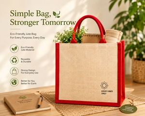 Sac fourre-tout en jute écologique, petit format, avec bordure rouge, imprimé « Good Vibes Only », poignée supérieure, idéal pour les courses au supermarché - Product Image 6