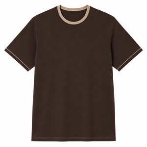 T-shirt col rond marron foncé en gros avec col beige et surpiqûres contrastées sur les manches – Vêtements personnalisés pour hommes - Product Image 1