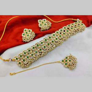 Gold Plated Kundan Stone and <b>Pearl</b> Necklace <b>Set</b> Pota SFNECK31 Green Fine <b>Jewelry</b> - Product Image 1