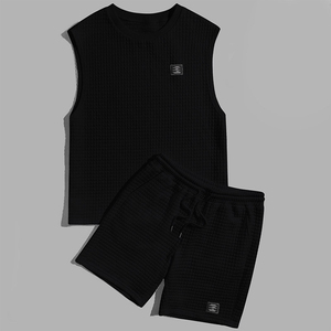 Mens Sleeveless Printed T Shirt Shorts <b>Set</b> Waffle <b>Knit</b> Summer Two Piece Outfit Breathable Lightweight Casual Loungewear - Product Image 5