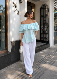 Robe élégante bleu clair à épaules dénudées, pantalon large à taille haute blanc, ensemble deux pièces, style bohème vintage en lin/coton pour femmes - Product Image 4