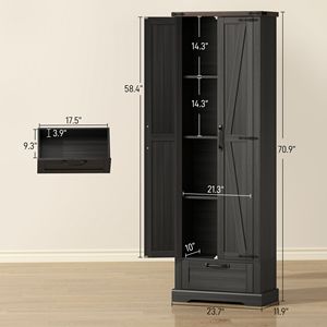 71\" Black <b>Kitchen</b> Pantry <b>Cabinet</b> with Adjustable Shelves Barn Doors Drawer for Dining Room <b>Sideboards</b> Product - Product Image 2