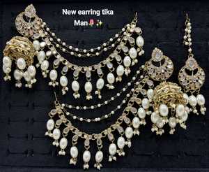 Bridal Ethnic Chandelier Drop Earrings Claw Setting Pearl Chain Matching Maang Tikka Alloy Gold Plated Vintage Traditional - Product Image 1