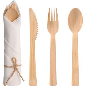 Set di posate biodegradabili in bambù da 30 pezzi con tovaglioli pre-avvoluti - Include 30 forchette, 30 coltelli, 30 cucchiai - Kit monouso per feste - Product Image 1