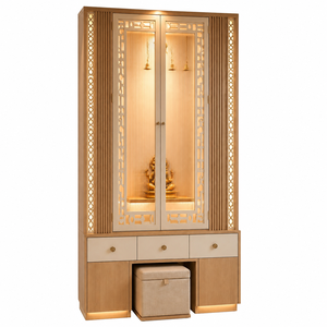 Mandir Tradicional de Madera Rectangular de Lujo para el Hogar, con Luces LED, Puertas de Vidrio Acanalado, Cajones de Almacenamiento, Taburete para Sentarse, Mandir para Pooja - Product Image 1