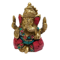 PARIJAT HANDICRAFT Statue en laiton massif de couleur or Seigneur Ganesh Dieu hindou Éléphant Turquoise Gemme-Pierre Bénédiction Seigneur coloré