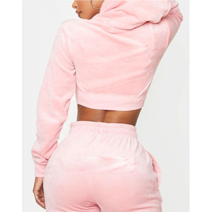Ensemble haut court à capuche et pantalon en velours rose pour femme, manches longues, vêtements de sport décontractés, coupe régulière, couleur unie, toutes saisons - Product Image 2