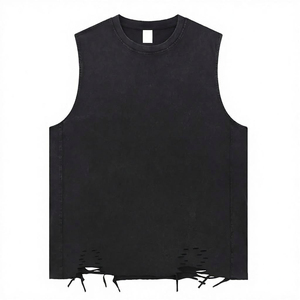 Débardeur Homme Noir Sans Manches Col Rond Tricoté Décontracté à Ourlet Effiloché Couleur Unie Style Col Rond - Product Image 1
