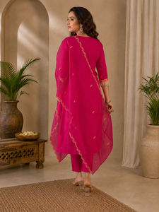 Rayon Slub Soft Net <b>Women</b> Traditional <b>Kurta</b> Pant Dupatta Set Indian Ethnic Wear Embroidered Border Party Wear Set <b>for</b> All Season - Product Image 3
