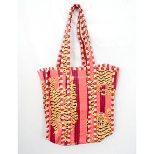 Sac fourre-tout en textile 100% coton à imprimé tigre, petite taille, poignée longue, sac de plage à rayures rouges du Rajasthan - Product Image 1