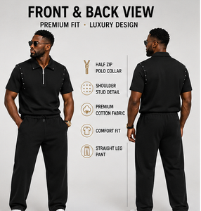 Ensemble de survêtement de luxe pour homme avec polo zippé et pantalon de jogging à manches courtes en coton premium, avec clous décoratifs, Fabricant OEM ODM - Product Image 2