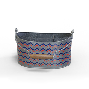 Oval Metal Storage Organizer with Wooden Handle <b>Red</b> Blue Zigzag Pattern Durable Utility Bin for Living Room Sundries - Product Image 1