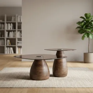 Modern Round Coffee <b>Table</b> With Tempered Glass Top And Wooden Base <b>Nesting</b> Design Living Room Furniture - Product Image 1