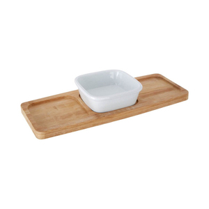 Ensemble de 4 plats de service rectangulaires en céramique avec plateau en bois, design minimaliste, passe au lave-vaisselle, pour apéritifs et collations - Product Image 2