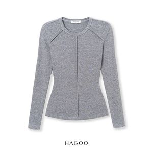 Elegante Top de Punto de Manga Larga para Mujer Hagoo, Cuello Redondo, Corte Ajustado, Transpirable, de Secado Rápido, Algodón con Spandex, Color Sólido, Diseño Minimalista - Product Image 4