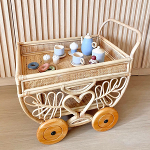 Carritos de juguete de madera para juego de simulación, carrito de juguete de ratán tejido, carritos de té para niños, gran oferta, carritos de juguete para bebidas - Product Image 3