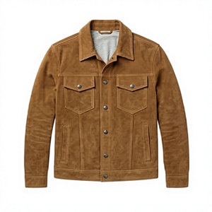 <b>mens</b> camel <b>suede</b> trucker <b>jacket</b> premium leather <b>jacket</b> slim fit classic button closure flap pockets stylish winter fashion rugge - Product Image 1