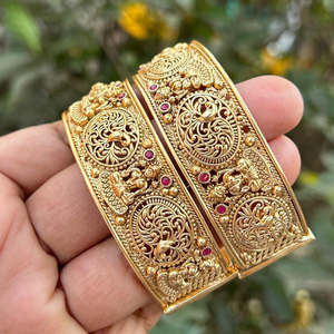 <b>Gold</b> Plated Openable Pota Stone Temple <b>Bangle</b> <b>Set</b> for Women | Traditional Ethnic Jewellery - Product Image 1