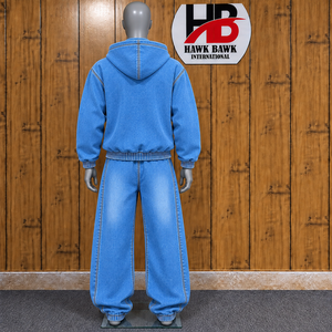 Custom Men Denim Full Sleeve Hooded <b>Zipper</b> <b>Jacket</b> And Pants Closure Loose Fit Casual Wear for Adults Autumn Style Closure - Product Image 2