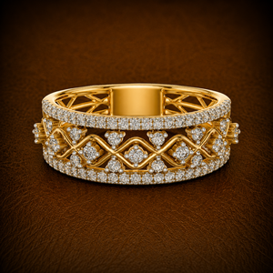 Bague de mariage géométrique large en or jaune 14K 18K avec diamant rond brillant de laboratoire DEF VVS, pavé, pour mariée - Fabricant de bijoux - Product Image 1