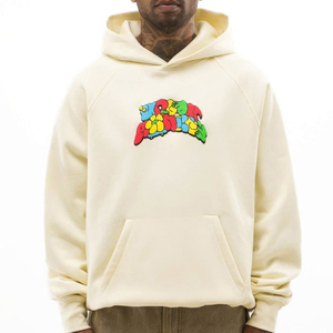 Sweat à capuche surdimensionné personnalisé pour homme, couleur crème, avec logo brodé multicolore sur la poitrine et poche kangourou - Product Image 1