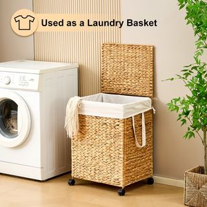 Panier à linge roulant en jacinthe d'eau naturelle tressée avec couvercle et roulettes - Product Image 6