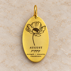 Pendentif ovale gravé fleur de naissance coquelicot d'août plaqué or en gros, bijoux personnalisés - Product Image 1