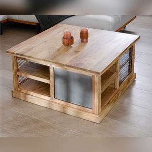Vandana <b>Silver</b> Harmony Square <b>coffee</b> <b>table</b> with storage in metal and wood Character - Product Image 3