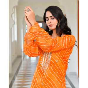 Ensemble Kurta Leheriya de style bohème en tissu chiffon orange rouille XS - Product Image 6