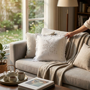 White Cotton <b>Square</b> Seat Cushion Cover Embroidered Cut-out Floral Customizable Scallop Throw <b>Pillowcase</b> Sofa Home Hotel Decor - Product Image 1