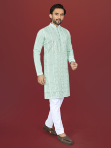 Kurta pour homme en coton brodé vert clair, réversible, style indien traditionnel, coupe classique, pour mariage et tenue décontractée, avec Churidar blanc - Product Image 1