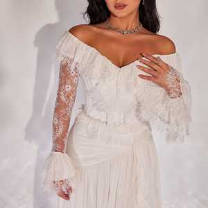 <b>White</b> Off-Shoulder Lace Floor-Length A-Line <b>Evening</b> <b>Gown</b> Sheer Sleeves Ruffled Cuffs Draped Pleated Skirt Bridal Inspired - Product Image 1