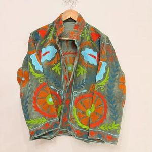 <b>Ladies</b> Suzani Embroidered Cotton <b>Jacket</b> Traditional Ethnic Floral Design Long Sleeve <b>Lightweight</b> Bohemian Outerwear For Women - Product Image 1