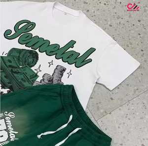 ชุดเสื้อยืดและกางเกงขาสั้นลำลองผ้าฝ้ายสำหรับผู้ชาย สีเขียวขาว พิมพ์ลาย ชุดฤดูร้อน ระบายอากาศได้ดี ทรงหลวม - Product Image 6