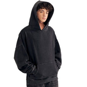 Sudadera con capucha extragrande para hombre, personalizada al por mayor, de 500 g/m² de alto gramaje, lisa, negra, desgastada, con abertura lateral. - Product Image 3