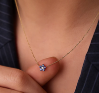 Collier pendentif minimaliste en or massif 14K 18K avec diamant naturel taille ronde et saphir bleu, design fleur en diamant de laboratoire