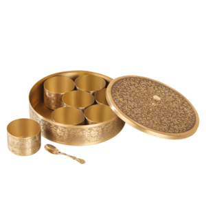 Boîte à épices ronde en laiton gravé antique avec bande latérale ornée de motifs floraux pour la cuisine, vente en gros, exportation - Product Image 2