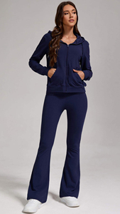 ชุดกีฬาลำลองผู้หญิงแบบมีฮู้ดและกางเกงขายาวทรงบาน สีพื้น ชุดเซ็ตสองชิ้น ระบายอากาศได้ดี สำหรับฤดูหนาว ไซส์พลัส - Product Image 2