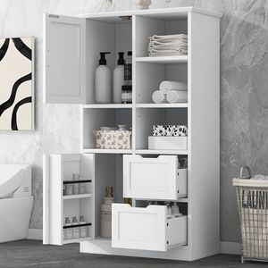 Mobiletto da Bagno Indipendente con Ripiano Aperto e Ripiani Regolabili, Ampio Spazio di Archiviazione, Porte e Cassetti - Product Image 2