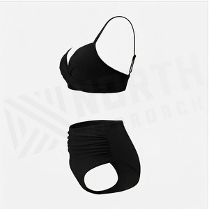NORTH APPROACH Women's Black 2 Piece Bikini Set <b>Crossed</b> Halter <b>Top</b> High Waist Bottoms Solid Color Swimwear - Product Image 3