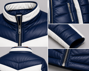Veste d'hiver décontractée pour homme en cuir matelassé bleu et blanc avec blocs de couleur, col montant et fermeture éclair, coupe-vent - Product Image 5