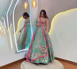 ชุดเลเฮนกาโชลีผ้าจอร์เจตต์ดีไซน์ล่าสุด พร้อมเสื้อปักลายสวยงาม ผ้าคลุมไหล่เน็ต สำหรับงานปาร์ตี้ พร้อมสวมใส่ - Product Image 1