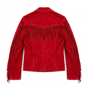 Unisex Red Real Suede <b>Fringe</b> Leather Winter <b>Jacket</b> Western Cowboy Button Front Custom Logo Design Vintage Fashion Outerwear - Product Image 2