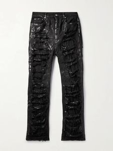 Vaqueros de mezclilla negros para hombre, corte ajustado, cintura media, lavado desgastado, estilo punk, con botones, tela tejida, tallas grandes - Product Image 2