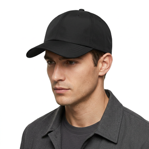 Casquette de baseball noire à 6 panneaux unisexe ajustée en sergé de polyester de couleur unie, chapeau décontracté pour adultes, à porter en toutes saisons - Product Image 2