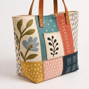 Floral Print Cotton Canvas <b>Tote</b> Bag Leather Handle Large Capacity Women's Shoulder Handbag Eco-Friendly Reusable <b>Travel</b> Zipper - Product Image 2
