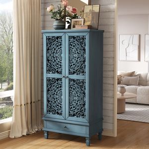 Mobiletto Rustico Alto 55 cm con Cassetto, Armadietto Decorativo a 2 Ante in Legno Intagliato, Gambe in Legno Massello per Arredamento Soggiorno - Product Image 5